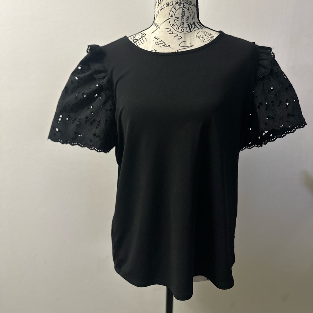 Adrianna Papell Black Blouse with Eyelet Sleeves
